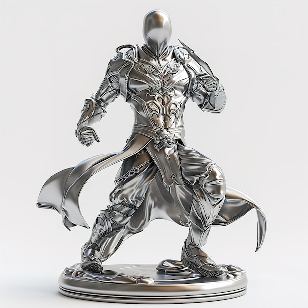 a silver statue of a knight with a sword on his back