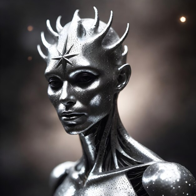 серебряная статуя человека с серебряной головой с надписью "звезда"