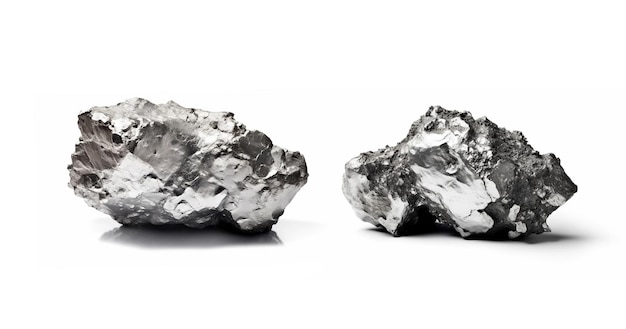 Silver stones set white background isolated closeup iron mine nugget collection gray metallic rock