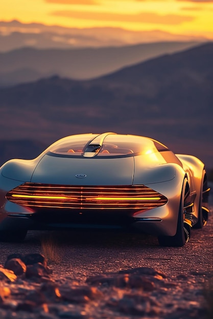 A silver supercar with a fire pit in the background.