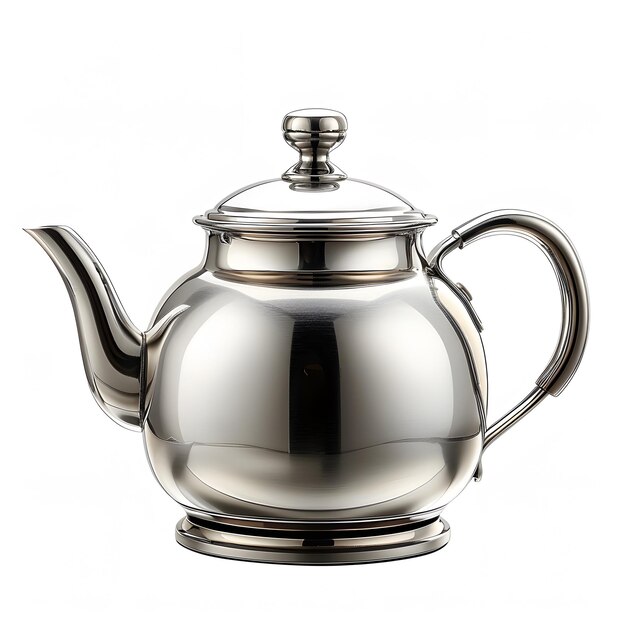 Photo a silver tea kettle with a lid sits on a white background the kettle is shiny and has a metallic appearance