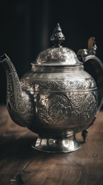A silver teapot sitting on top of a wooden table Generative AI image