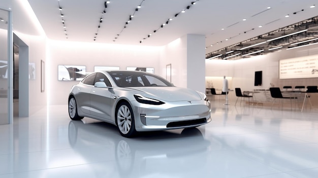 A silver tesla model 3 car in a showroom.