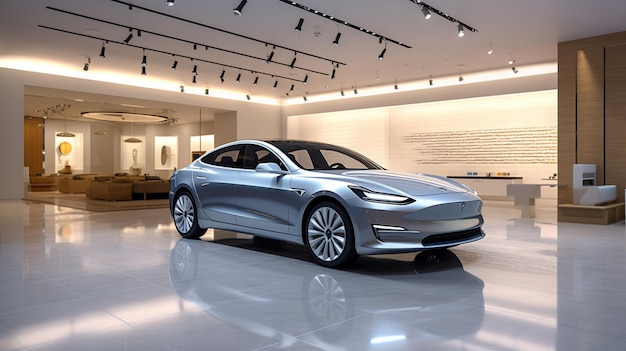 A silver tesla model 3 in a showroom