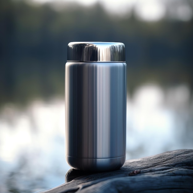 A silver thermos mockup