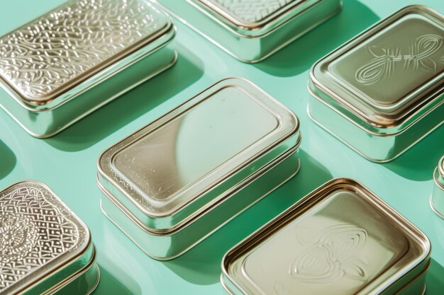 Silver toned tin metal cases boxes for gloss cream make up cosmetic on mint green