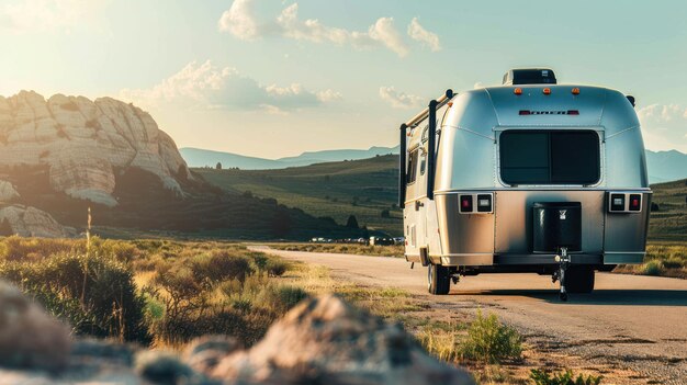 Silver trailer traveling on rural road near rocky hills at sunset Scenic drive photography