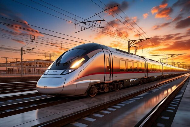 Photo a silver train traveling down train tracks at sunset