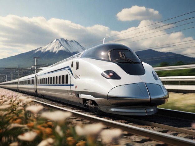 a silver train with a mountain in the background