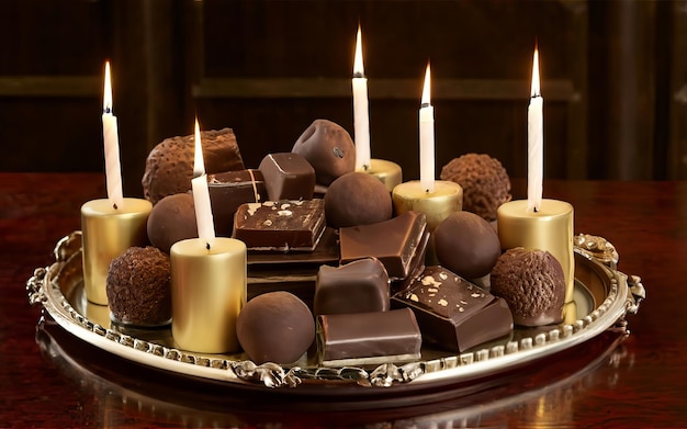 A silver tray holds an arrangement of decadent chocolates surrounded by flickering candles