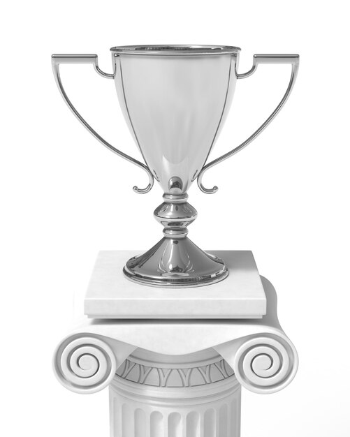 Silver trophy cup on an antique column in greek style 3D illustration