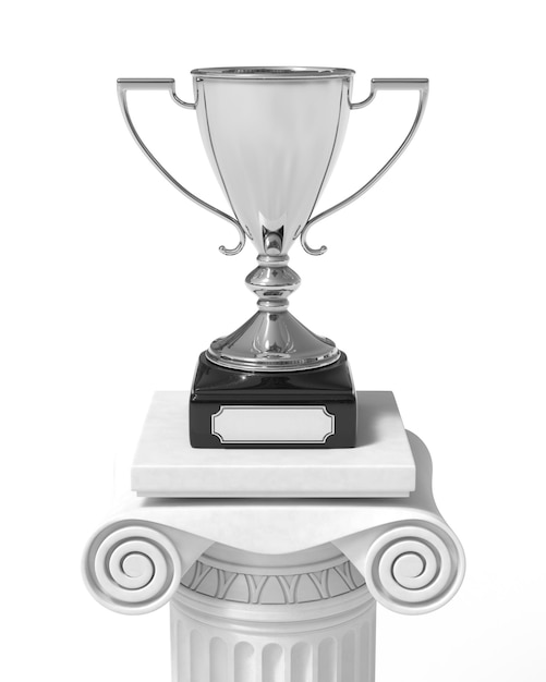 Silver trophy cup on an antique column in greek style d illustration