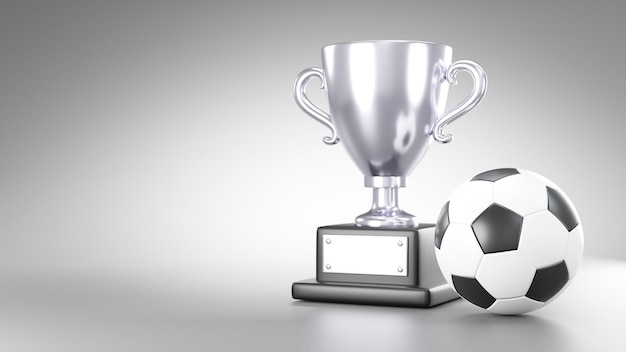 Silver trophy cup and soccer ball or football on gray background with copy space 3D rendering