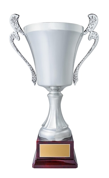 a silver trophy cup with two handles and gilded plaque on base isolated on a white background
