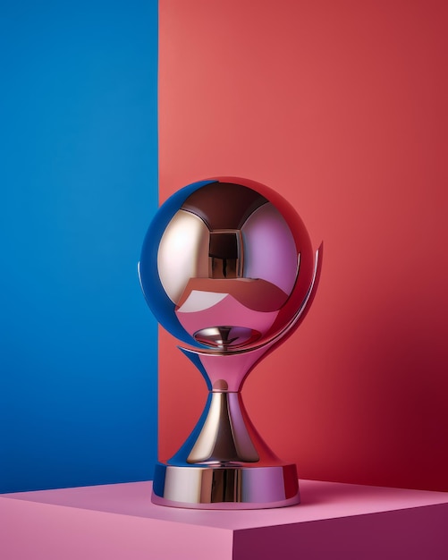 A silver trophy sits on top of a red and blue background