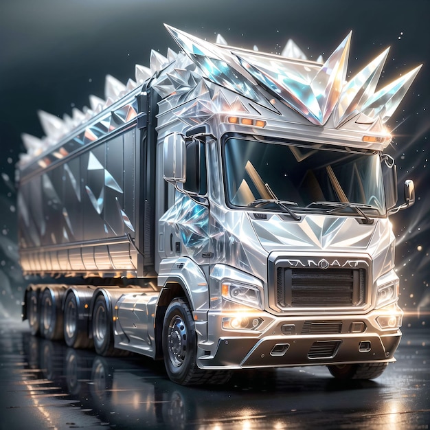 A silver truck with crystals on it