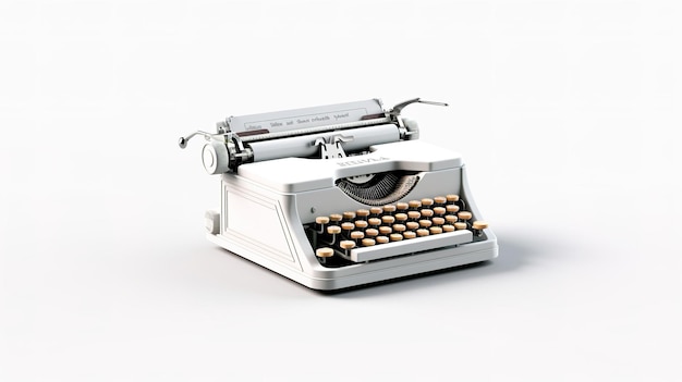 A silver typewriter laying on a white clear background