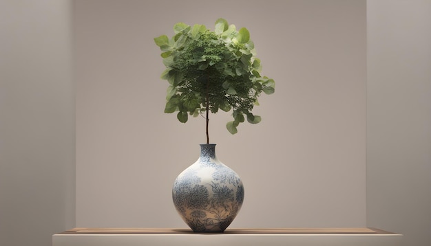 a silver vase with a plant in it that is on a table