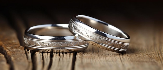 木製の背景の銀の結婚指輪