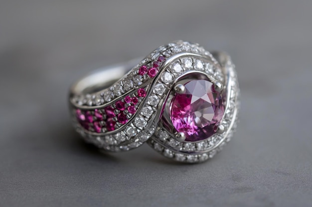 Silver or white gold cocktail ring with diamonds and pink sapphires closeup Precious gems and metals natural gemstone jewelry