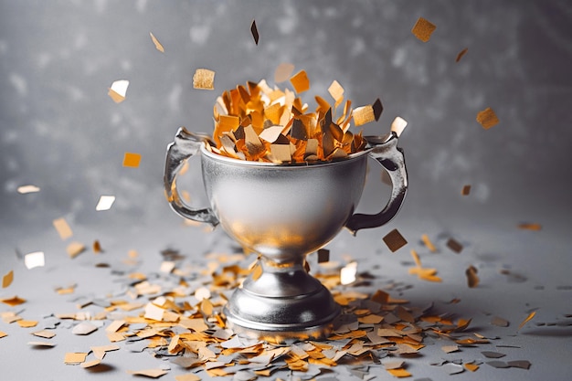 Silver winner cup with confetti Champion cup trophy for the winner award victory first place of competition winning and success concept Copy space Ai generated image