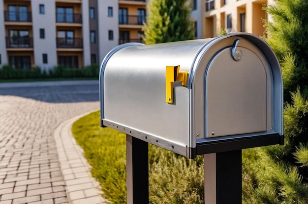 Silver wooden Mailbox in an house residential building outside Modern numbered mailboxes box outdoor