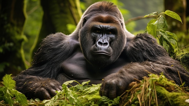 A silverback mountain gorilla rests in the undergrowth of Uganda39s