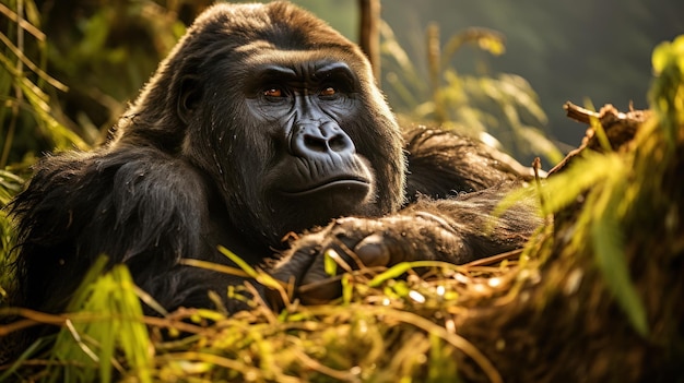 A silverback mountain gorilla rests in the undergrowth of Uganda39s