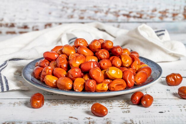 Silverberry on wood background Healthy food close up