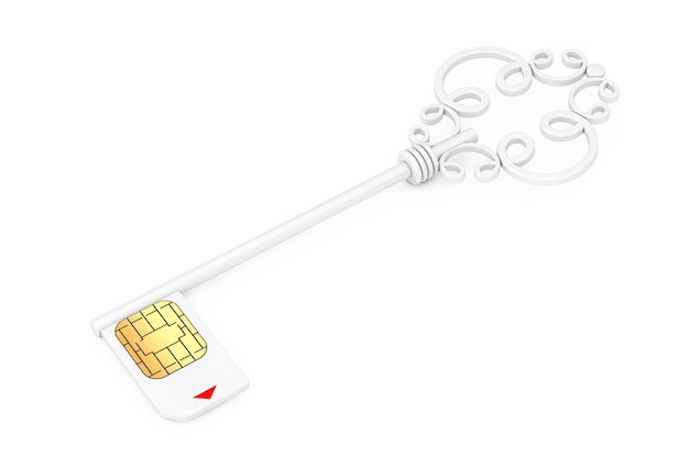 Concetto di protezione della carta sim. chiave vintage bianca con sim card su sfondo bianco 3d rendering