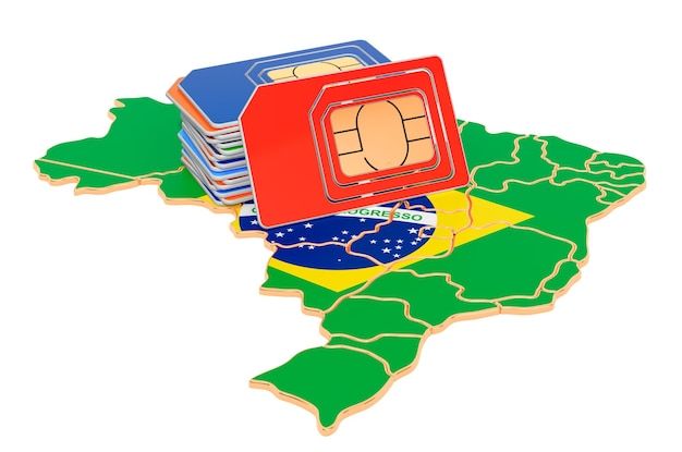 ブラジル地図上の Sim カードブラジルのコンセプト 3 D レンダリングでのモバイル通信ローミング