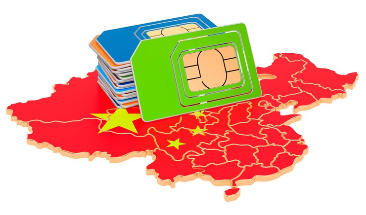 Photo sim cards on the chinese map mobile communications roaming in china concept 3d rendering