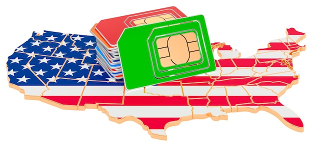 Sim cards on the USA map Mobile communications roaming in the United States concept 3D rendering