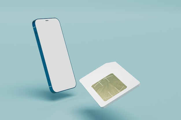 SIM-kaart voor telefoon smartphone en SIM-kaart op een blauwe achtergrond 3D render