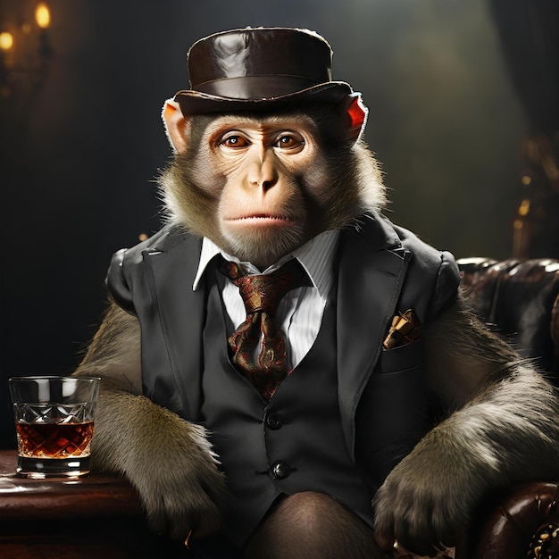 Photo a simian clothed in an elegant british suit balancing a whiskey glass and cigar