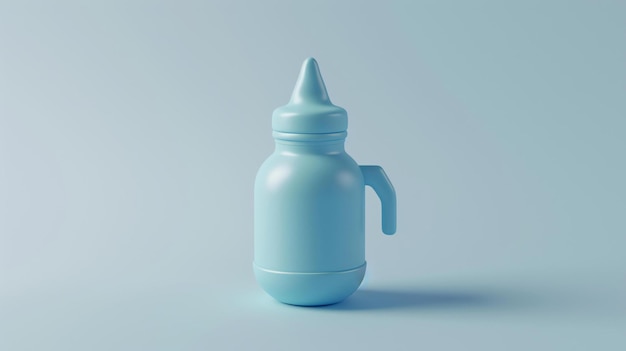 A simple 3D rendering of a blue baby bottle on a blue background The bottle is smooth and has a handle