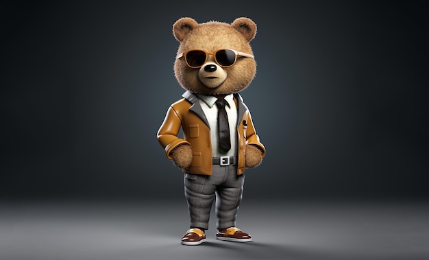 A simple animated character of a teddy bear dressed in elegant clothes