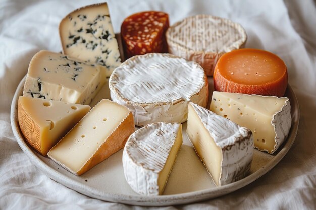 白い背景に白い皿の上に様々なチーズを単純に配置する