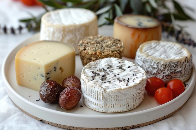 A simple arrangement of assorted cheeses on a white plate against a clean white background