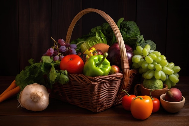 A simple arrangement of fruits and vegetables in a basket ready to eat created with generative ai