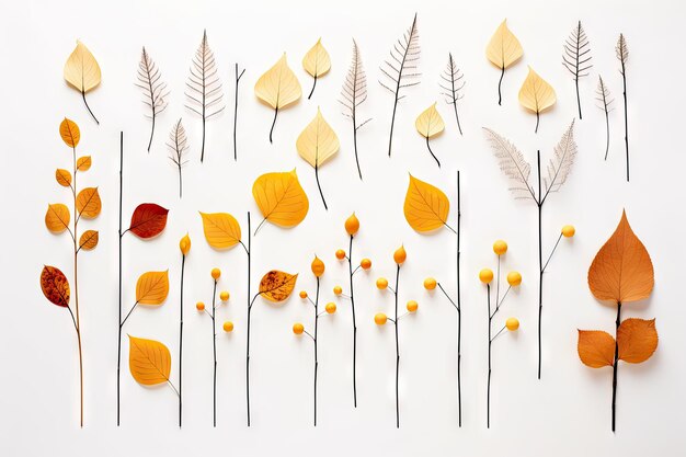 Simple autumn still life Leaves and branches on white table Overhead view