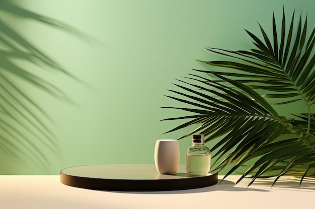 화장품을 선보이기 위한 단순한 배경 디자인 무성한 야자수 잎의 실루엣이 있는 높은 플랫폼은 부드러운 녹색 배경과 중립 테이블에 그림자를 만듭니다.