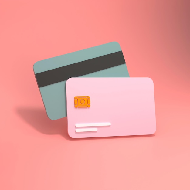 Simple bank cards in 3d rendering on a pinc background. 3d render illustration.