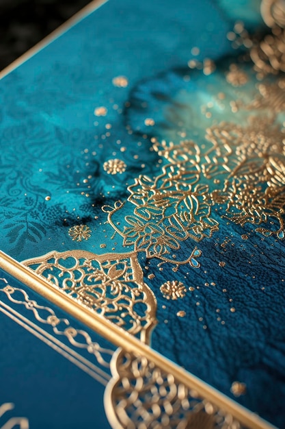 シンプルで美しい結婚式の招待状デザイン ムスリム芸術スタイル 黄金と青の調和的なパレットを特徴とする 印象的なグラフィック構成