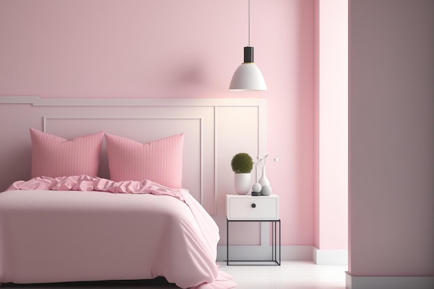 핑크색 장식과 흰색 원목 바닥으로 꾸며진 심플한 침실