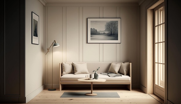 Simple beige contemporary minimalist interior with sofa decorative plaster wall Generative AI
