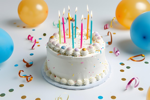 A simple birthday cake with colorful balloons