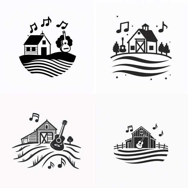 Simple black barn and guitar logo