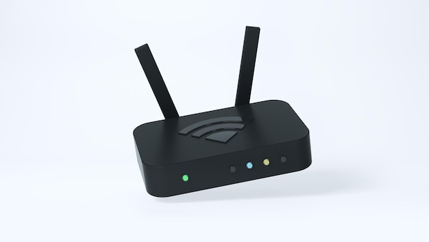 Simple Black Internet WiFi Router with Antennas on Soft Light Studio Background Ethernet Concept