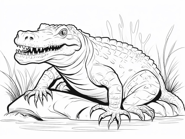 Photo simple black and white line art of a crocodile for kids